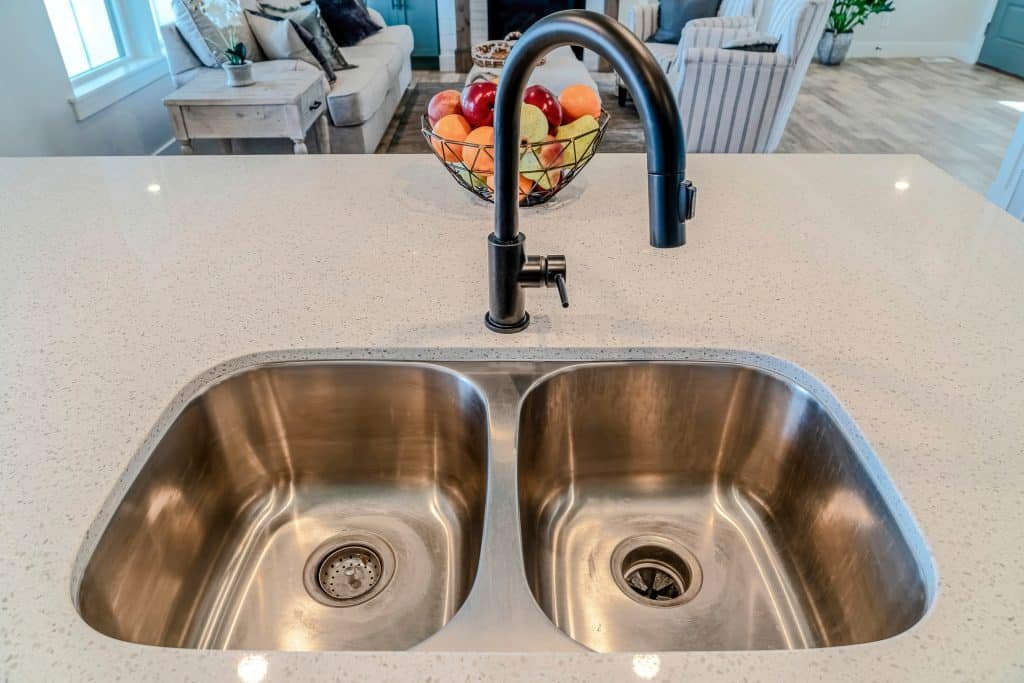 double-bowl kitchen sink with filter