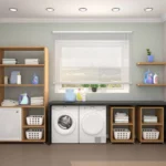 a laundry room with a washing machine and shelves