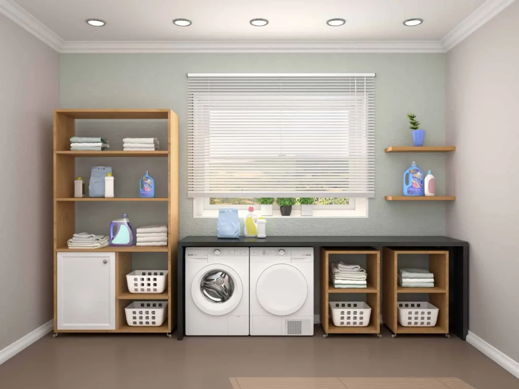 a laundry room with a washing machine and shelves