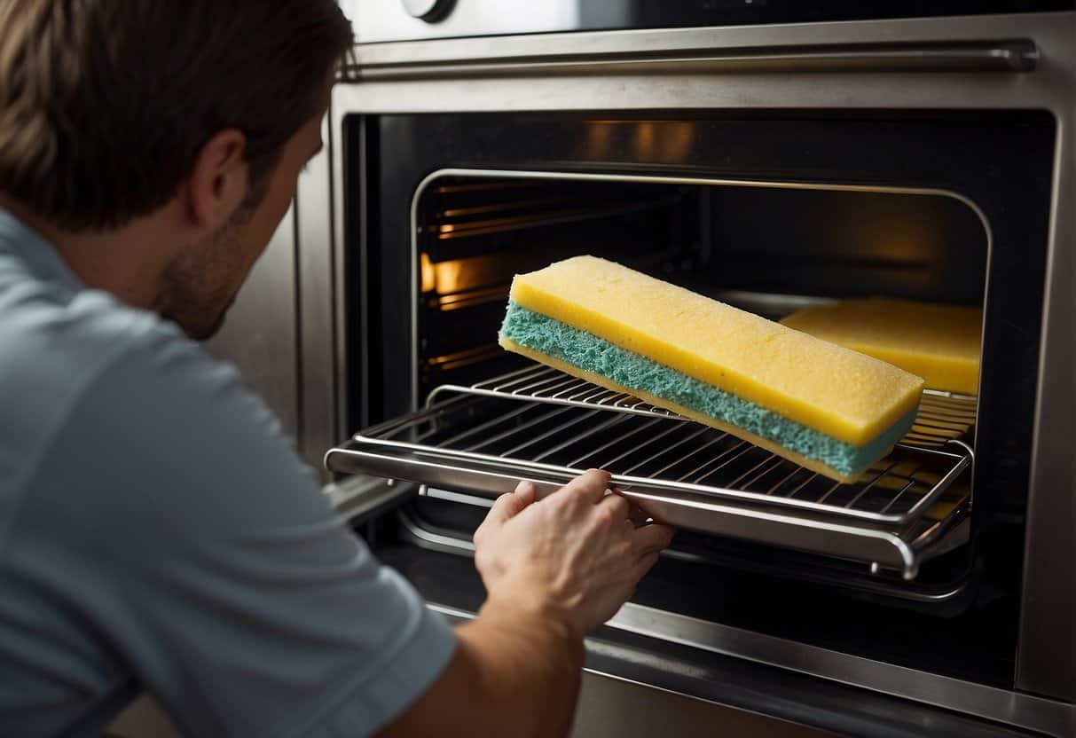 A hand reaches into a self-cleaning oven, scrubbing with a sponge and soapy water. The oven racks are removed and cleaned separately. A damp cloth wipes down the interior surfaces