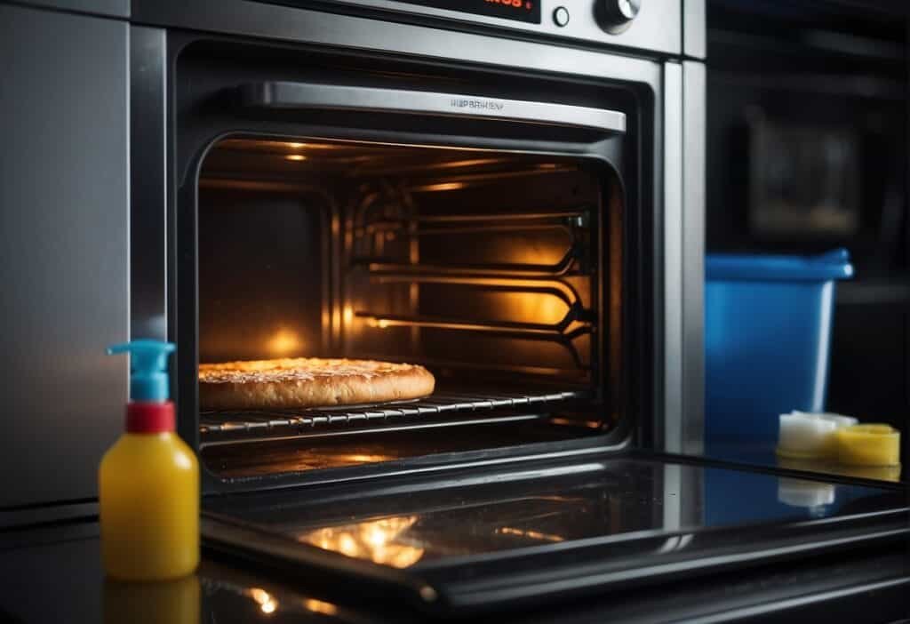 A dirty oven with various cleaning products nearby, a timer set, and a warning label about leaving the self-cleaning function unattended