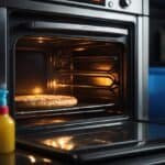 A dirty oven with various cleaning products nearby, a timer set, and a warning label about leaving the self-cleaning function unattended