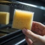 A hand-held sponge wipes the inside of a self-cleaning oven glass door, removing any built-up residue and leaving it sparkling clean