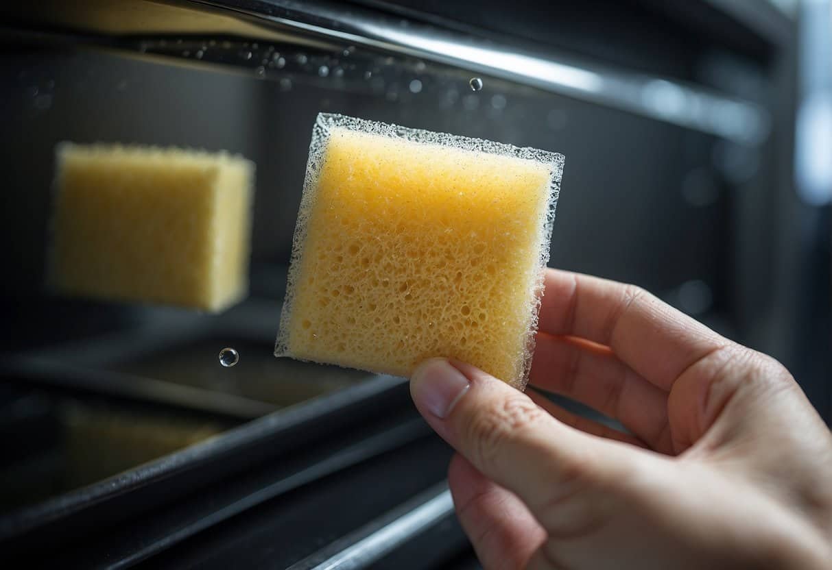 A hand-held sponge wipes the inside of a self-cleaning oven glass door, removing any built-up residue and leaving it sparkling clean