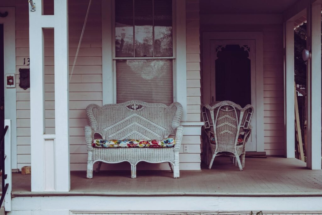 White Wicker Padded Bench porch